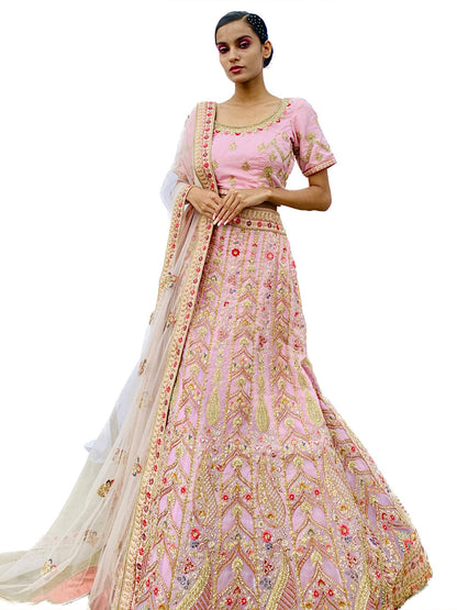 Rajwada Women Pink Embroidered Georgette Semi Stitched Lehenga With Unstitched Blouse