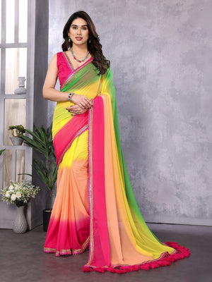 Rajwada Multicolor Georgette Lace Work Saree With Unstitched Blouse For Women