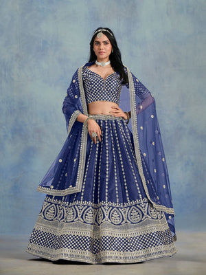Rajwada Navy Blue Art Silk Embellished Semi-Stitched lehenga For Women