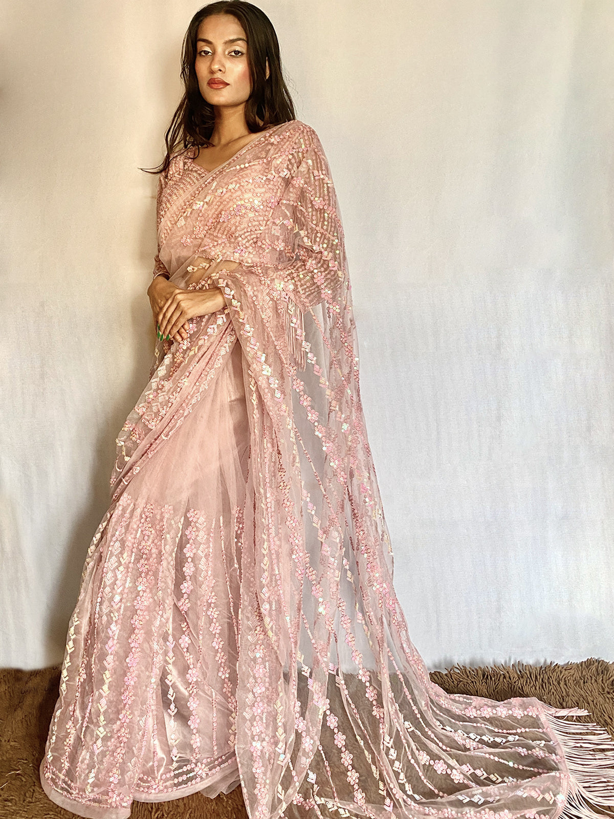 Rajwada - Designer Pink Sequins Saree with Unstitched Blouse
