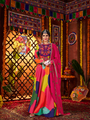 Rajwada Multicolor Cotton Blend Printed With Mirror Work Semi-Stitched lehenga For Women