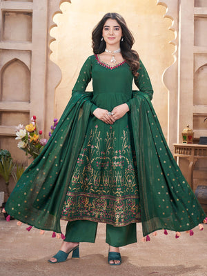 Rajwada Dark Green Silk Blend Printed Stitched Kurta Set For Women