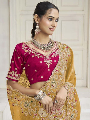 Rajwada Yellow Satin Embroidered Saree For Women