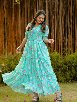 Rajwada Light Blue Georgette Stitched Printed Indo Western Dress For Women