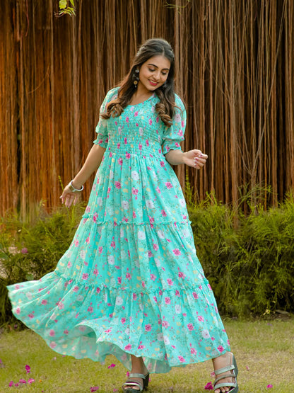 Rajwada Light Blue Georgette Stitched Printed Indo Western Dress For Women
