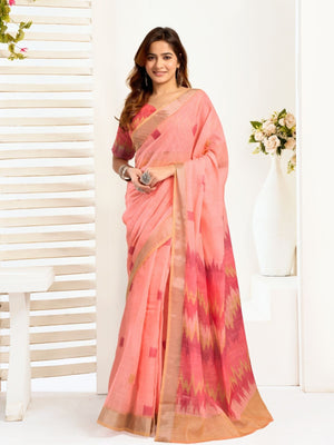 Rajwada Peach Cotton Linen Zari Work Saree For Women