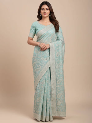 Rajwada Sky Blue Organza Embroidered Solid Saree For Women