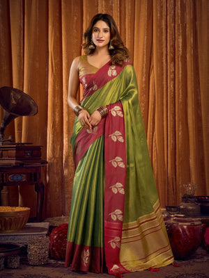 Rajwada Green And Maroon Silk Blend Solid Saree For Women