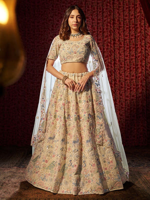 Rajwada Cream Georgette Embroidered Semi-Stitched Lehenga For Women