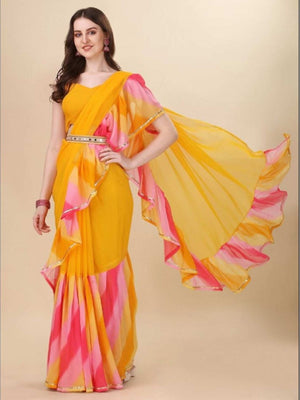 Rajwada Yellow Georgette Printed And Ruffle Saree For Women