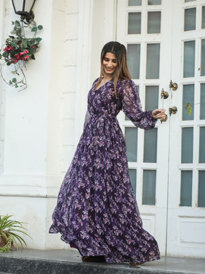 Rajwada Violet Chiffon Stitched Printed Indo Western Dress For Women