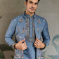 Rajwada Blue Viscose Silk Embroidered Stitched Kurta Set For Men