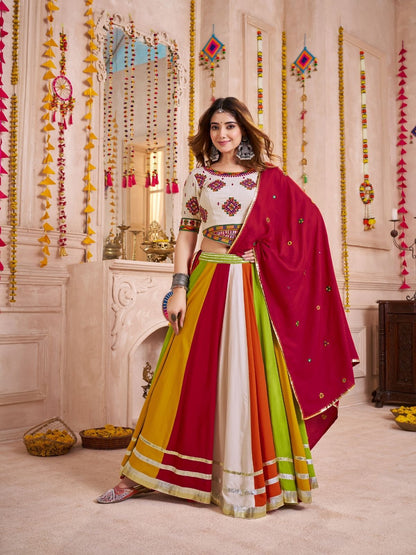 Rajwada Multicolor Cotton Blend Solid With Golden Border Semi-Stitched Lehenga For Women