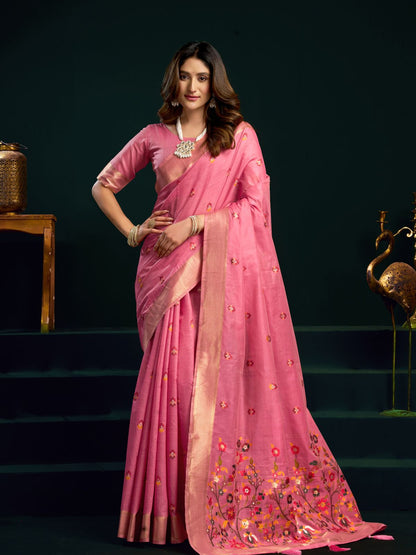 Rajwada Pink Cotton Blend Printed Saree For Women