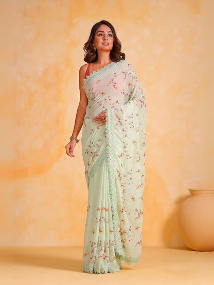Rajwada Off White Georgette Embroidered Saree With Unstitched Blouse For Women