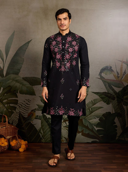 Rajwada Black Silk Blend Embroidered Stitched Kurta For Men