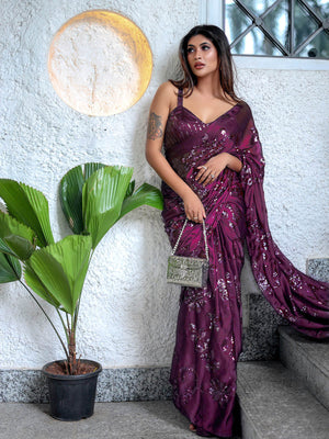 Rajwada Women Deep Purple Sequin Saree With Unstitched Blouse