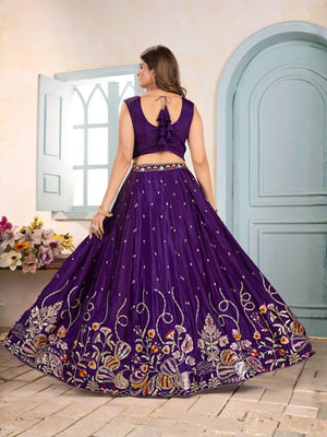 Rajwada Purple Chinon Sequence Embroidered Semi-Stitched Lehenga For Women