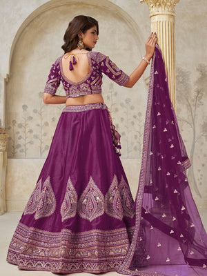Rajwada Wine Silk Blend Embroidered Semi-Stitched Lehenga For Women