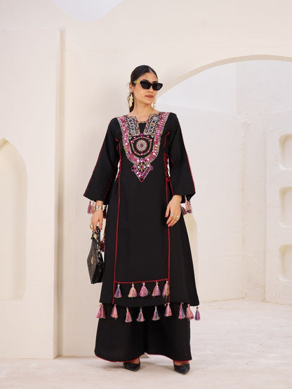 Rajwada Black Rayon Embroidered Stitched Kurta Set For Women