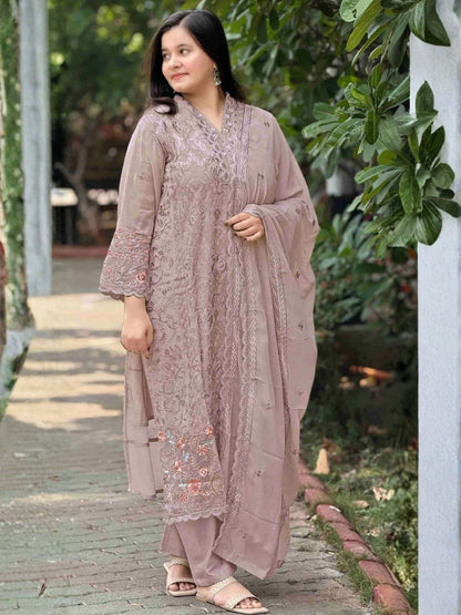 Rajwada Lavender Georgette Embroidered Semi-Stitched Kurta Set For Women