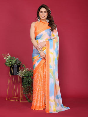 Rajwada Orange Silk Blend Printed Saree For Women