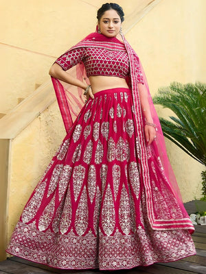 Rajwada Cherry Red Georgette Embroidered Semi-Stitched Lehenga For Women