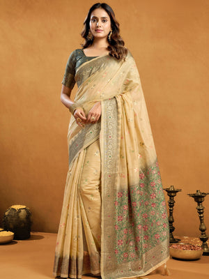 Rajwada Cream Silk Blend Solid Saree For Women