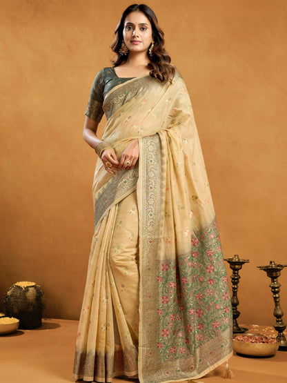 Rajwada Cream Silk Blend Solid Saree For Women