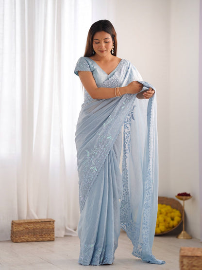 Rajwada Blue Crushed Tissue Embroidered Saree With Unstitched Blouse For Women