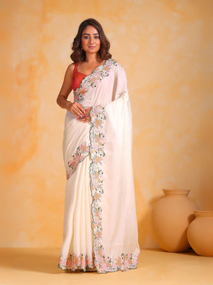 Rajwada White Silk Blend Embroidered Saree With Unstitched Blouse For Women