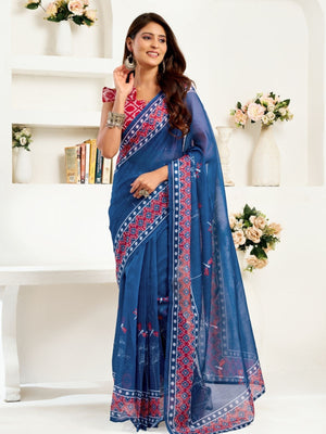 Rajwada Blue Cotton Linen Zari Work Saree For Women