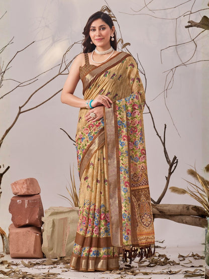 Rajwada Brown Linen Cotton Printed Saree For Women
