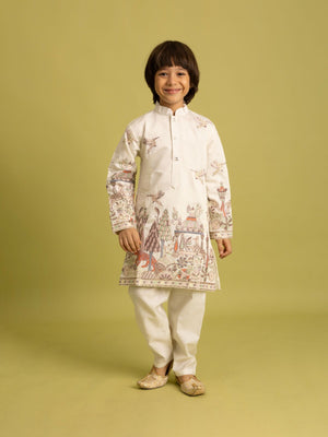 Rajwada White Viscose Silk Embroidered Kurta Set For Kids