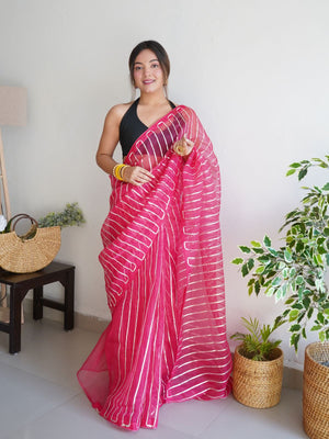 Rajwada Pink Organza Lace Work Saree With Unstitched Blouse For Women