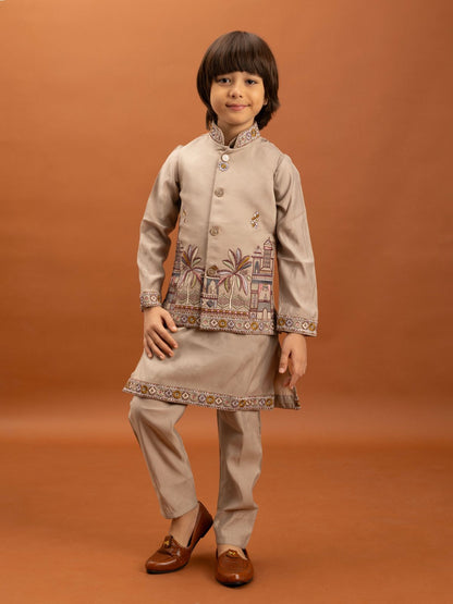 Rajwada Beige Viscose Silk Embroidered Stitched Kurta Set For Kids