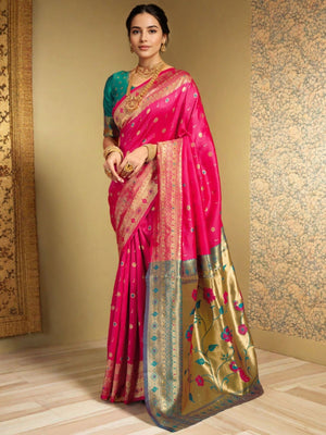 Rajwada Pink Silk Blend Woven Pithani Saree For Women