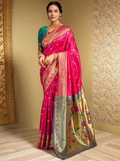 Rajwada Pink Silk Blend Woven Pithani Saree For Women