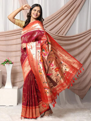 Rajwada Maroon Silk Blend Woven Saree For Women