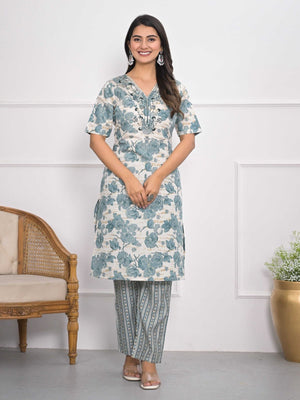 Rajwada Off White And Blue Chanderi Embroidered And Printed Stitched Kurta Set Without Dupatta For Women