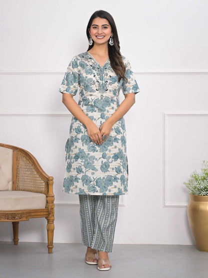 Rajwada Off White And Blue Chanderi Embroidered And Printed Stitched Kurta Set Without Dupatta For Women