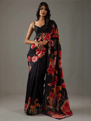 Rajwada Black Georgette Floral Printed Saree With Unstitched Blouse For Women
