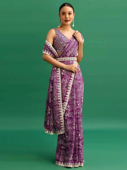 Rajwada Purple Chinon Digital Print Saree For Women