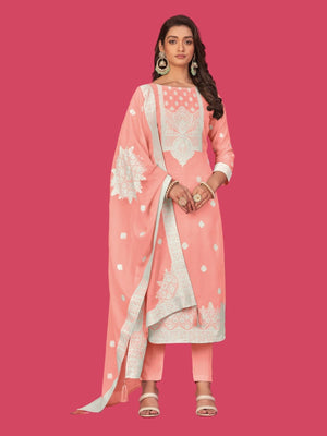 Rajwada Peach Organza Embroidered Semi-Stitched Kurta Set For Women