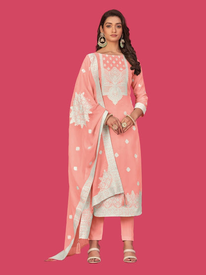 Rajwada Peach Organza Embroidered Semi-Stitched Kurta Set For Women