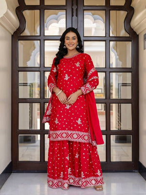 Rajwada Red Chiffon Embroidered Stitched Kurta Set For Women