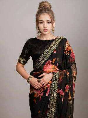 Rajwada Black Georgette Printed Saree For Women