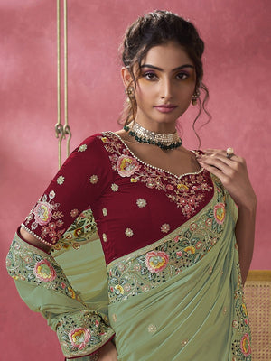 Rajwada Light Green Georgette Embroidered Elegant Saree For Women