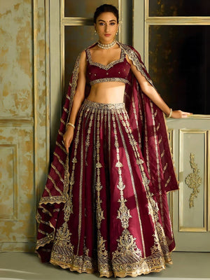 Rajwada Maroon Silk Blend Embroidered Semi-Stitched Lehenga For Women