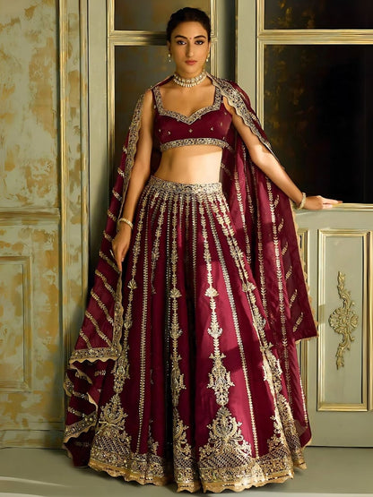 Rajwada Maroon Silk Blend Embroidered Semi-Stitched Lehenga For Women